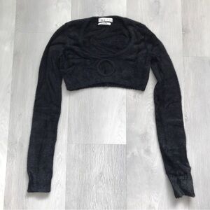 XUXU 100% WOOL FLEECE STRETCH BLACK CROP LONG SLEEVE KEYHOLE SMALL